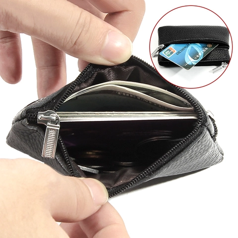 Mini Coin Purse Cowhide Pebbled Leather Dual Zipper Pocket Wallet With Keychain Ring Thin Small Portable Card Holder