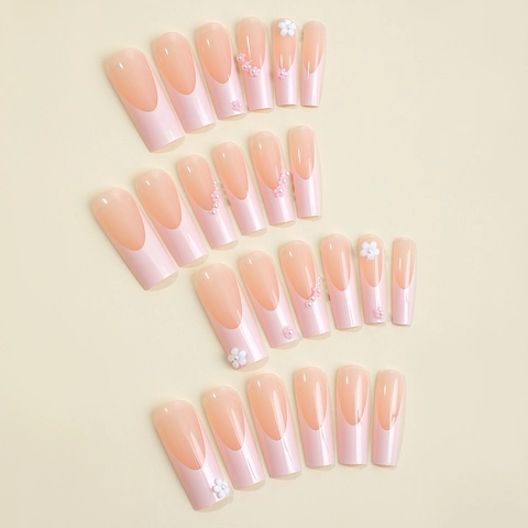 Lange Coffin Kunstnagels 3D Witte Bloem Kunstparel Decor Roze French Tip Elegant Ins Stijl Voor Vrouwen Plakstrips