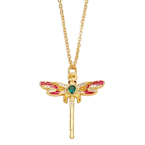 Collana Con Ciondolo Moda Donna Rame Placcato Oro 18K Zircone Colorato Libellula Colibrì Malocchio Gioielli Boho