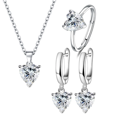 Conjunto Joyas Corazón Circón Cobre Bañado Rodio Collar Pendientes Aro Anillo Ajustable Mujer