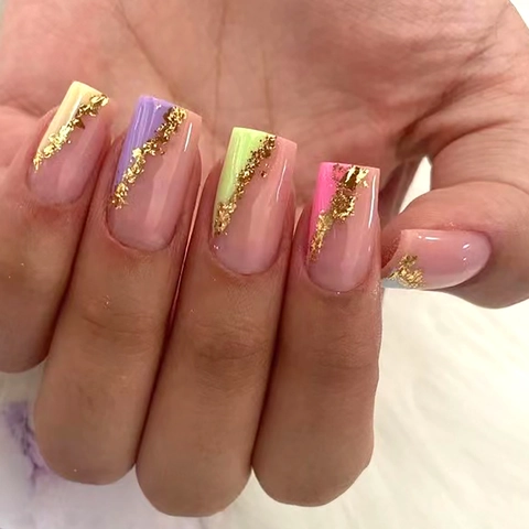 Französische Macaron Bunte Spitze Plastic Press On Nägel Mit Goldfolie Nude Rosa Basis Sargform Falsche Fingernägel Volle Abdeckung