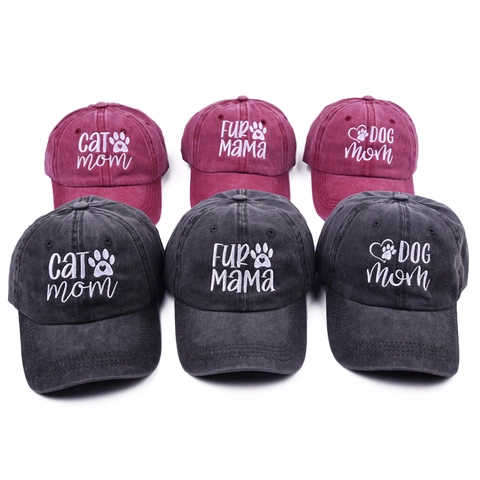 Casquette De Baseball Brodée Dog Mom Cat Mom Coton Lavé Ajustable Vintage Bord Incurvé Chapeau Protection Solaire Extérieur