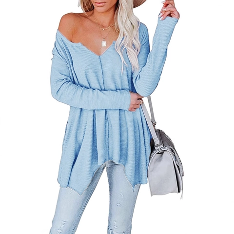 Suéter de Punto de Gofre para Mujer Cuello en V Casual Manga Larga Jersey Holgado de Mezcla de Algodón para Otoño Invierno