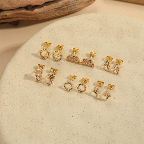 Minimalist Copper Multi Color Zirconia Star Moon Bow Arrow Slipper Geometric Shape Stud Earrings Gold Plated Jewelry Women