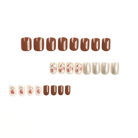Französisch Kurz Quadratisch Künstliche Fingernägel Braun Gold Glitzer Floral Tulpe Muster Elegant Fake Nails Für Damen Maniküre