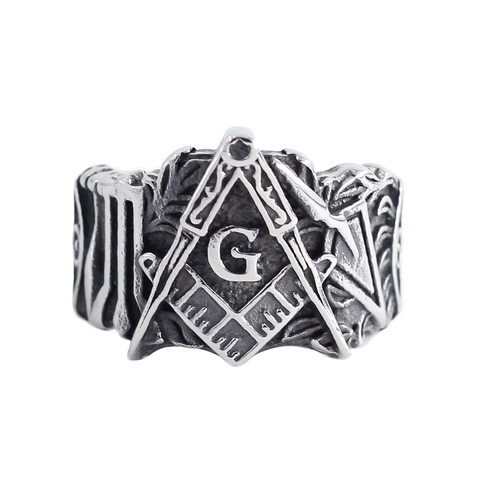 Anello Massonico Retro Acciaio Inossidabile Simbolo Compasso Squadra G Vintage Punk Uomo Gioielli Lucidato Argento
