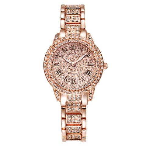 Luxury Full Rhinestone Women Watch Alloy Roman Numeral Round Dial Quartz Wristwatch Business Hip Hop Fashion Bracelet Necklace Ring Earrings