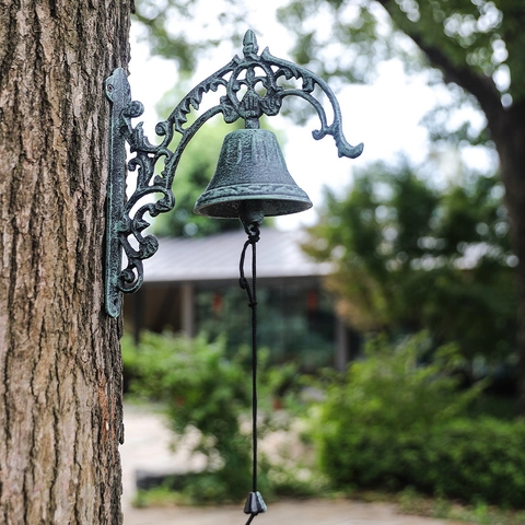 Vintage Cast Iron Doorbell Verdigris Patina Floral Scroll Wall Mounted Decorative Hand Bell Outdoor Garden Ornament