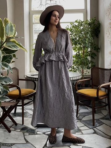 Abito Maxi Con Scollo A V E Bordi In Pizzo Per Donna Vita Con Volant Maniche A Lanterna Spacco Viscosa Nylon Texture