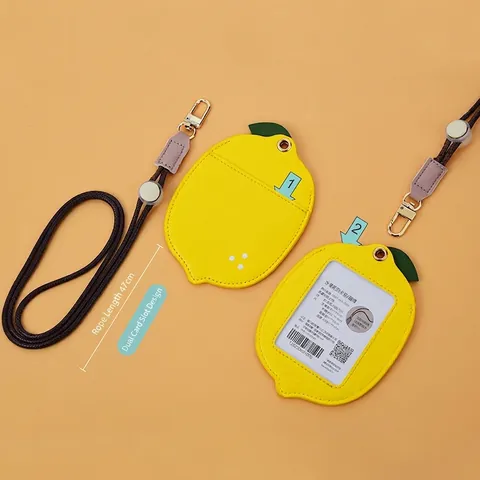 Portatarjetas De Identificación Con Forma De Fruta De Dibujos Animados Con Cordón Cuero PU Cubierta Para Estudiantes