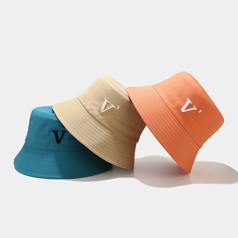 V Letter Embroidery Cotton Canvas Bucket Hat Casual Sun Protection Foldable Fisherman Cap For Men Women