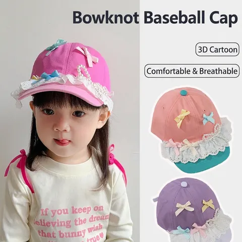 Casquette De Baseball Pour Fillette Coton Lavé Dentelle Künstliche Perle Nœud Décoration Chapeau Pare-Soleil Respirant Ajustable