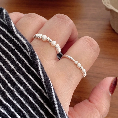 925 Sterling Silver Freshwater Pearl Beaded Ring For Women Korean Minimalist Irregular Geometric Finger Ring Jewelry