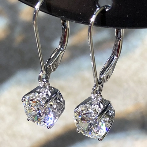 Pendientes de Palanca de Circonia Clásicos de Cuatro Garras para Mujer Cobre Plateado Oro Blanco Geométricos Redondos