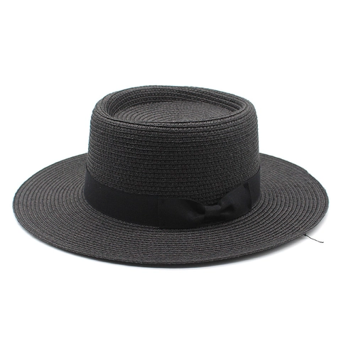 Elegante Cappello Di Paglia Boater A Cima Piatta Donna Estate Tesa Larga Protezione Solare Vacanze Spiaggia Fiocco Decorativo