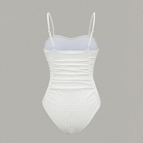 Women Ruched Eyelet Broderie Anglaise One-Piece Swimsuit Slimming Spaghetti Strap Breathable Beachwear