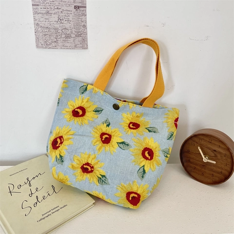 Borsa A Mano In Tela Celeste Con Stampa Girasoli Cotone Lino Piccola Borsa Tote Con Bottone A Pressione Quotidiana