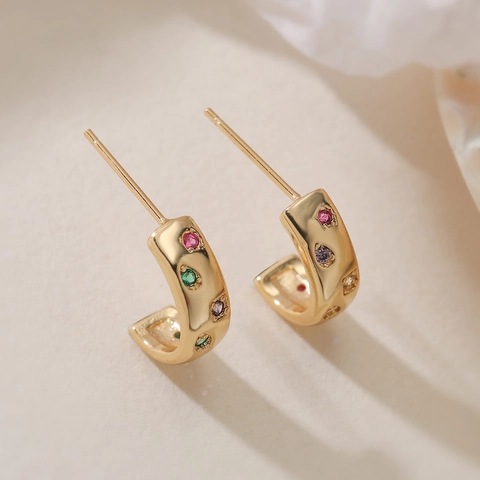 C-Shaped Stud Earrings 18K Gold Plated Copper With Multi-Color Zircon Exquisite Micro-Inlaid Geometric Fashion For Women