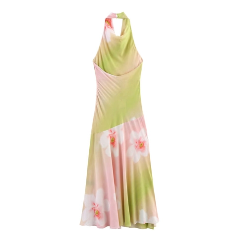 Florales Halfter-Maxikleid Aus Polyester V-Ausschnitt Ärmellos Seitlich Gerafft Elegant Urlaub Für Damen