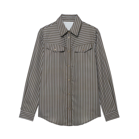 Camicia A Righe Da Donna A Maniche Lunghe In Popeline Di Poliestere Con Doppie Tasche E Colletto Classico