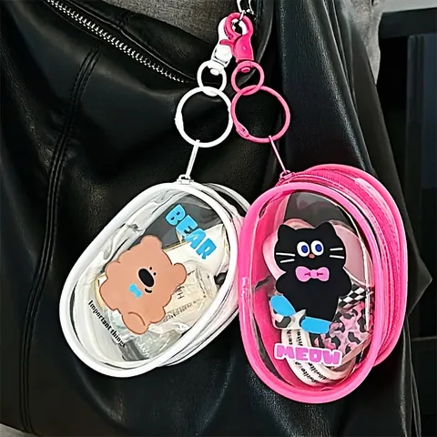 Mini Bolsa De Almacenamiento De PVC Transparente Dibujos Animados Oso Gato Impermeable Estuche Para Auriculares Mosquetón Organizador