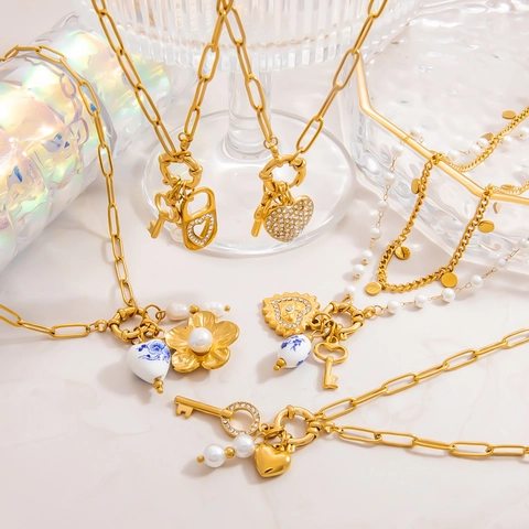 Vintage Stainless Steel 18K Gold Plated Double Layer Necklace For Women Artificial Pearl Ceramic Bead Heart Key Pendant Rhinestone Evil Eye Jewelry