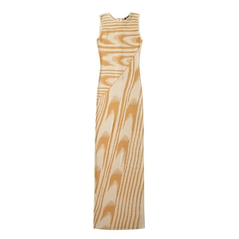 Sleeveless Maxi Dress Knit Rayon Nylon Slim Fit Abstract Wave Pattern Crew Neck Back Zipper Elegant Bodycon Long Robe Women