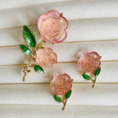 Vintage Rosa Rose Brosche Und Ohrstecker Für Damen Palast-Stil Legierung Gold Plattiert Emaille Grüne Blätter Schmuck Geschenk