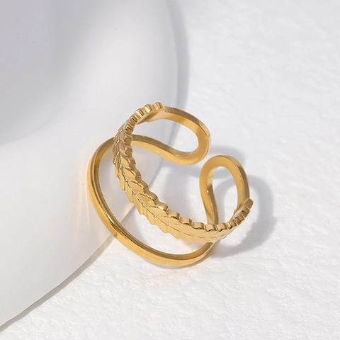 Anello Aperto A Doppio Strato Minimalista Acciaio Inossidabile Motivo Foglia Di Grano Gioielli Regolabili Per Donne Ragazze