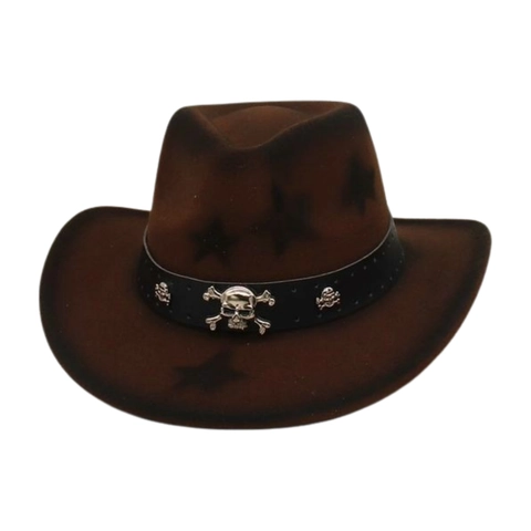 Retro Western Cowboy Hat Star Pattern Felt With Leather Band Metal Skull Studs Vintage Punk Style For Men Women