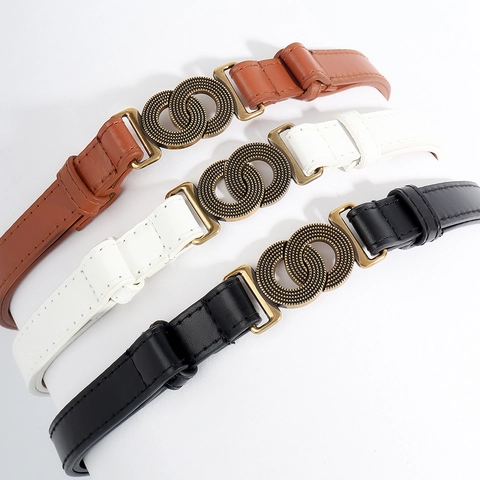 Damen Vintage PU Leder Schmaler Gürtel Retro Bronzemünze Ineinandergreifende Doppelringschnalle Taillengürtel Für Kleider Mäntel