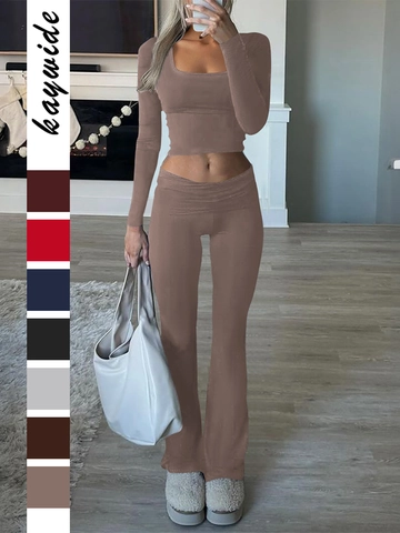Women Long Sleeve Square Neck Crop Top And High Waist Flared Pants Viscose Elastane Slim Fit Yoga Lounge Outfit