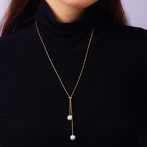 Long Lariat Necklace For Women Adjustable Snake Bone Chain With Alloy Tassel Imitation Artificial Pearls Minimalist Elegant Jewelry