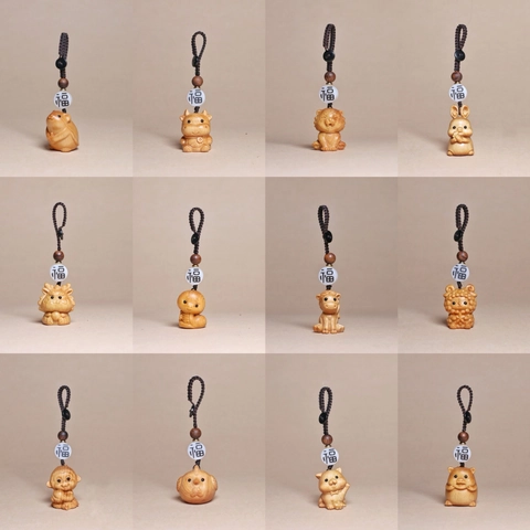 Portachiavi Legno Zodiaco Cinese Intagliato A Mano Thuja Ciondolo Animale Perla Fortuna Fascino Borsa Auto