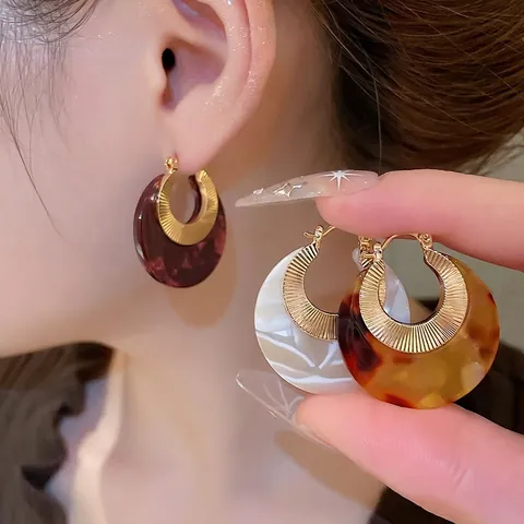 Vintage Round Hoop Earrings With Silver Earring Post Gold Plated Metal Radial Texture Marble Acetate Resin Pendant Jewelry