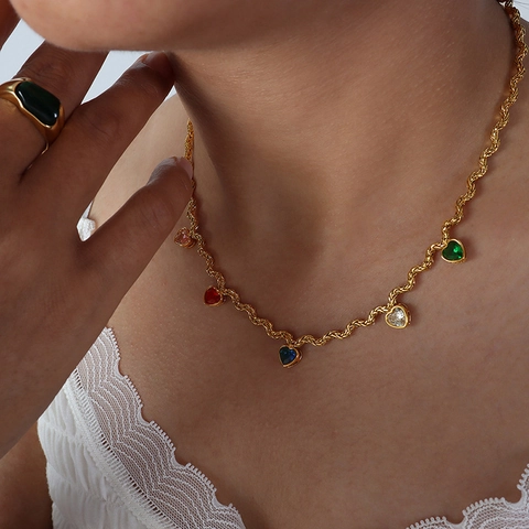 Heart Pendant Necklace Brass Gold Plated Colorful Zirconia Twist Rope Chain Romantic Jewelry Gift For Women Girls