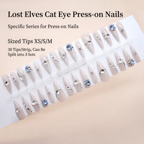 Uñas Postizas Press On Ojo De Gato Hechas A Mano Long Stiletto Corazón Azul Diamantes Mariposa Diseño ABS Plástico Elegante