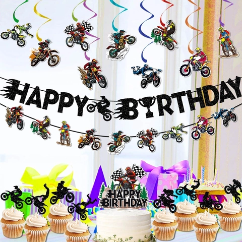 Motocross Birthday Party Decoration Black Glitter Paper Banner PVC Hanging Swirls Cake Toppers Racing Motorbike Theme Decor