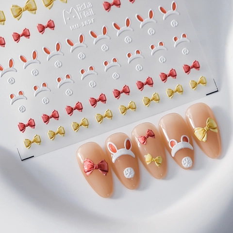 3D Embossed Nail Art Stickers Cute Rabbit Ears Bowknot Design DIY Self Adhesive Manicure Decoration For Women Girls