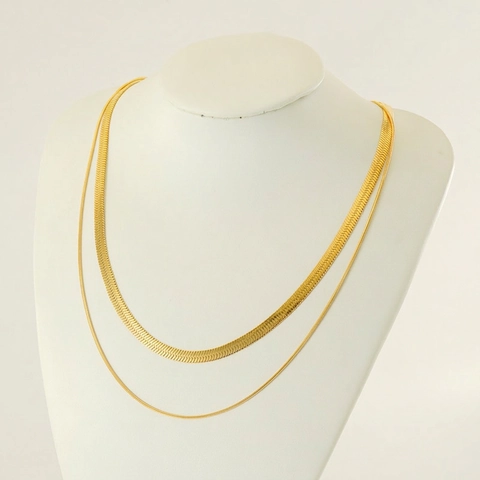 Layered Herringbone Chain Necklace Stainless Steel 18K Gold Plated Flat Snake Bone Choker For Women Elegant Jewelry