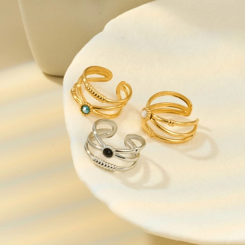 Adjustable Geometric Ring 18K Gold Plated 316L Stainless Steel Zircon Vintage Multi Layer Jewelry For Women