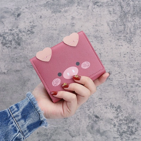 Petit Portefeuille Cochon Dessin Animé Cuir PU Porte-monnaie Triple Pli Emplacements Cartes Pour Femmes Filles Design Kawaii