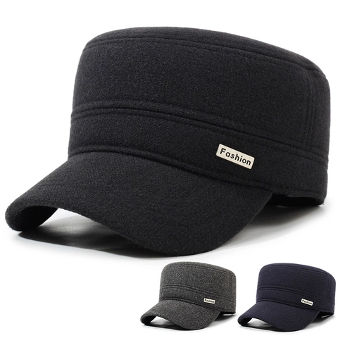 Gorra Plana Para Hombre De Lana Estilo Cadet Con Protección Para Los Oídos Cálida De Invierno Militar Para Ancianos