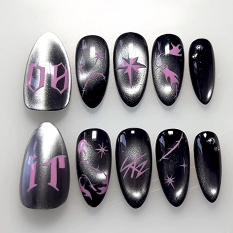 Uñas Postizas Largas Stiletto Press On Efecto Ojo De Gato Magnético Grafiti Rosa Letra Gótica Estilo Punk Retro Para Mujeres