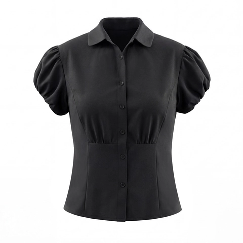 Damen Bluse Hemd Schwarz Puffärmel Einreihig Umlegekragen Slim Fit Vintage Schick Lässig Baumwolle Polyester