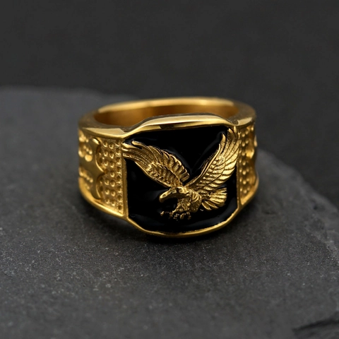 Men's 316 Stainless Steel Eagle Signet Ring Hip Hop Gold Plated Black Enamel Retro Punk Animal Domineering Finger Ring Jewelry