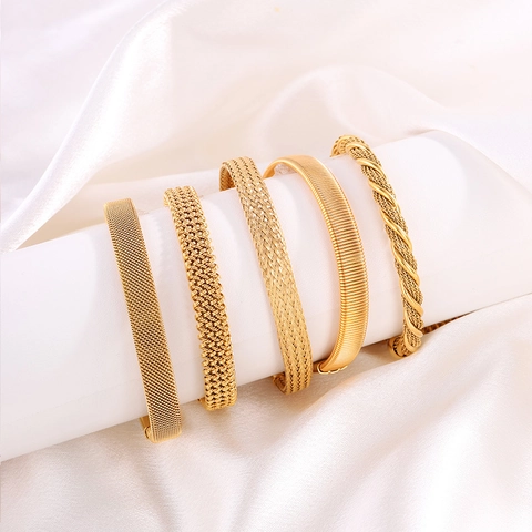 Fashion Braided Mesh Open Cuff Bracelet For Women Stainless Steel Twisted Metal Texture Adjustable Minimalist Jewelry
