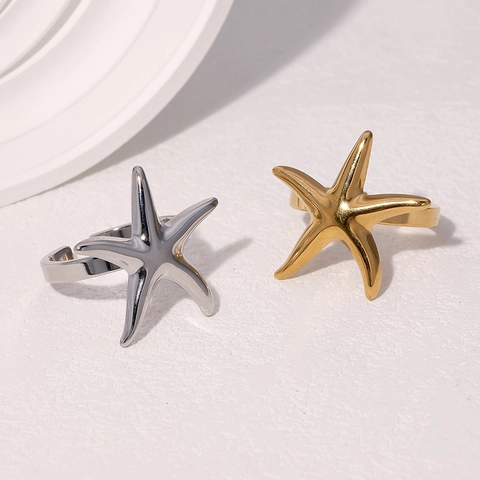 Anillo Abierto De Estrella De Mar De Acero Inoxidable Chapado En Oro De 18K Ajustable Estilo Vacaciones Joyería Para Mujer