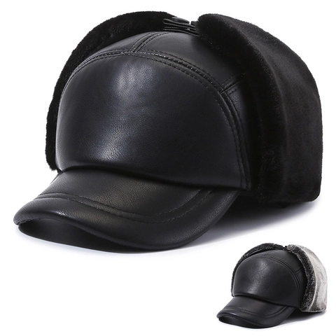 Gorro De Trampero De Invierno Para Hombre Cuero PU Forrado De Piel Sintética Gorra Cálida Con Orejeras