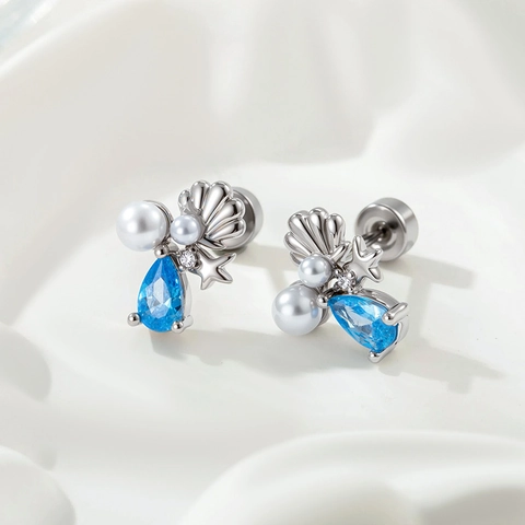 Ocean Theme Cartilage Earring Stud Blue Zircon Starfish Shell Artificial Pearl Stainless Steel Copper Jewelry